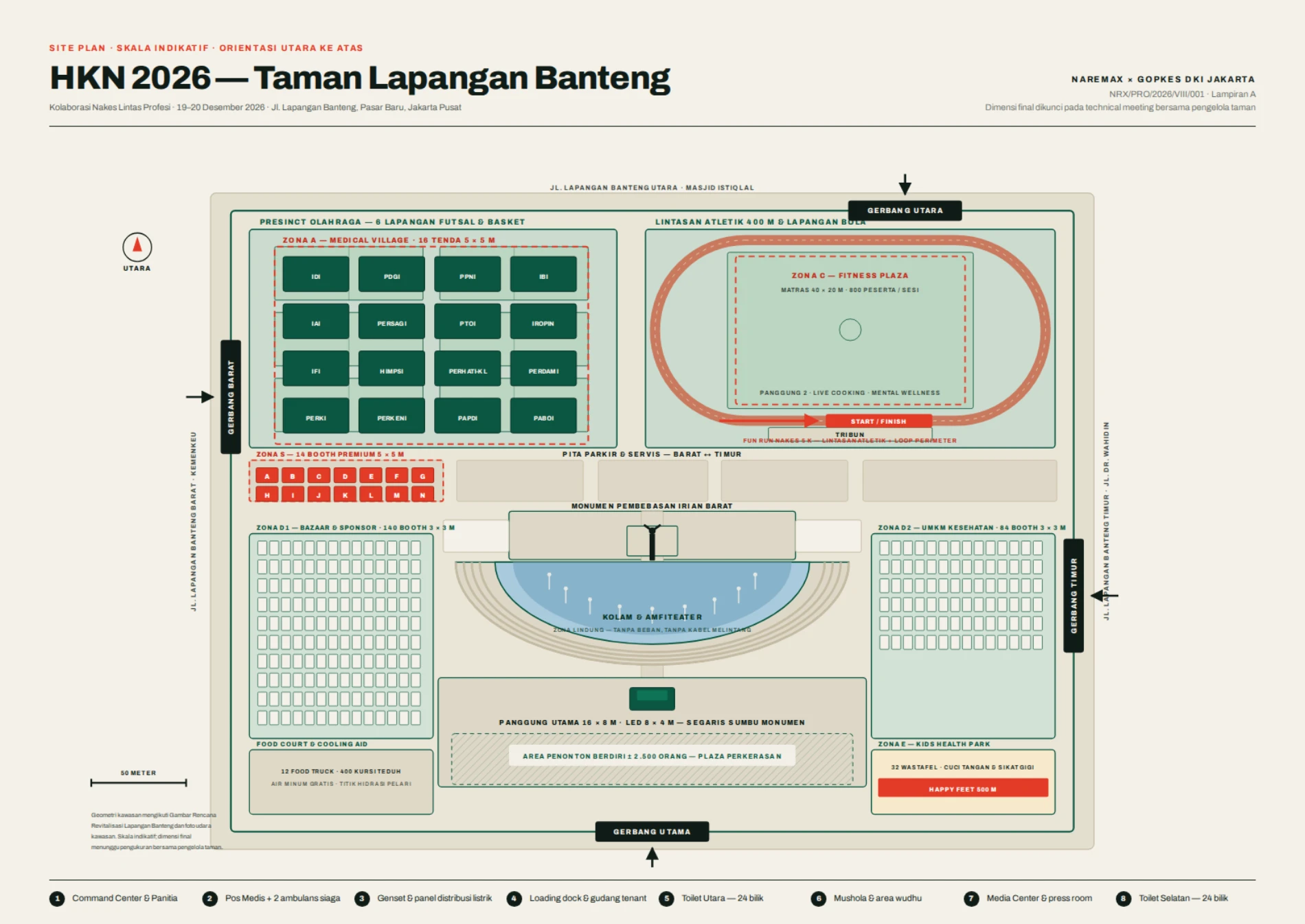 Site plan resmi HKN 2026 di Taman Lapangan Banteng: Zona A Medical Village 16 tenda layanan 5 × 5 m, Zona S sponsor premium 14 booth, Zona C Fitness Plaza, Zona E Kids Health Park, Zona D1 bazaar 140 booth, Zona D2 UMKM 84 booth dan food court, panggung utama 16 × 8 m, amfiteater dan air mancur menari, serta empat gerbang.
